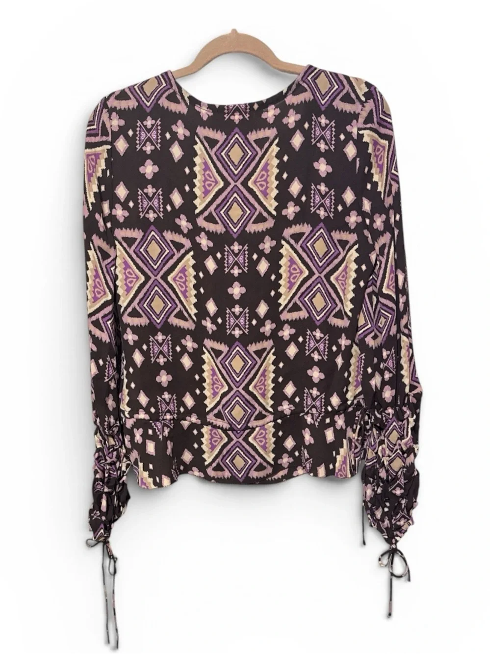 TORY BURCH Geo Print Peasant Blouse 4 18.5” P2P Brown/Purple NWOT